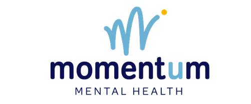 Momentum Mental Health logo with blue “momentum” text and a stylized blue-and-yellow mark above it.