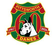 Pittsworth Danes sports logo with a white dog head, green and red shield, and 1967–2026 banners