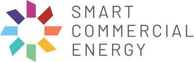 Smart Commercial Energy logo with multicolored geometric icon and gray text on white background