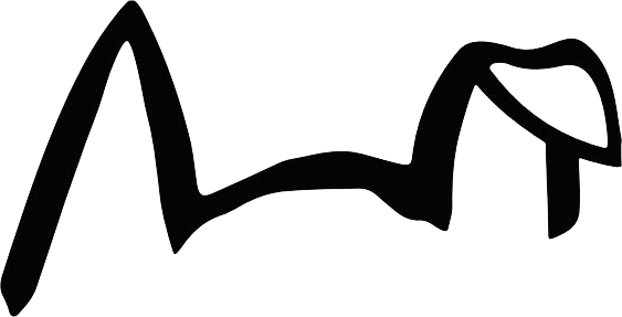 Black abstract line drawing resembling dogs ears on a white background