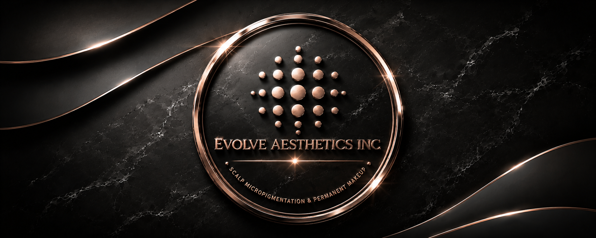 Rose gold logo: Evolve Aesthetics Inc. text, geometric shapes, circle design, scalp micropigmentation and permanent makeup.