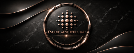 Rose gold logo: Evolve Aesthetics Inc. text, geometric shapes, circle design, scalp micropigmentation and permanent makeup.