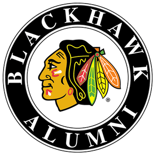 Blackhawks Alumni logo: Native American head profile, black circle, text