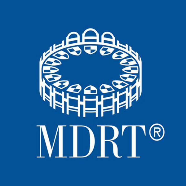MDRT logo: White circular emblem with seating, blue background, and text