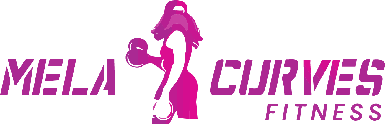 The logo for mela curves fitness shows a woman lifting a dumbbell.