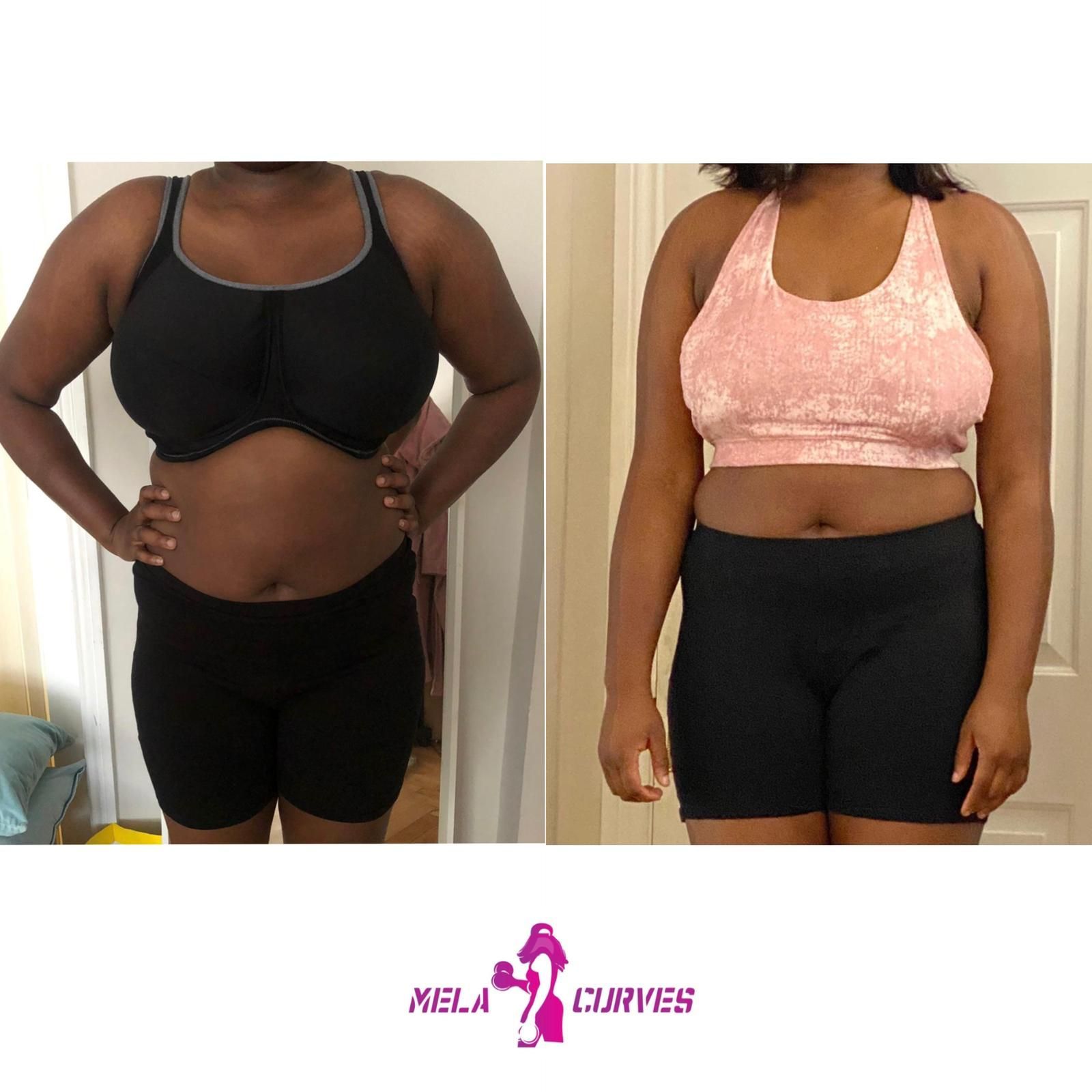A before and after photo of a woman wearing a sports bra and shorts