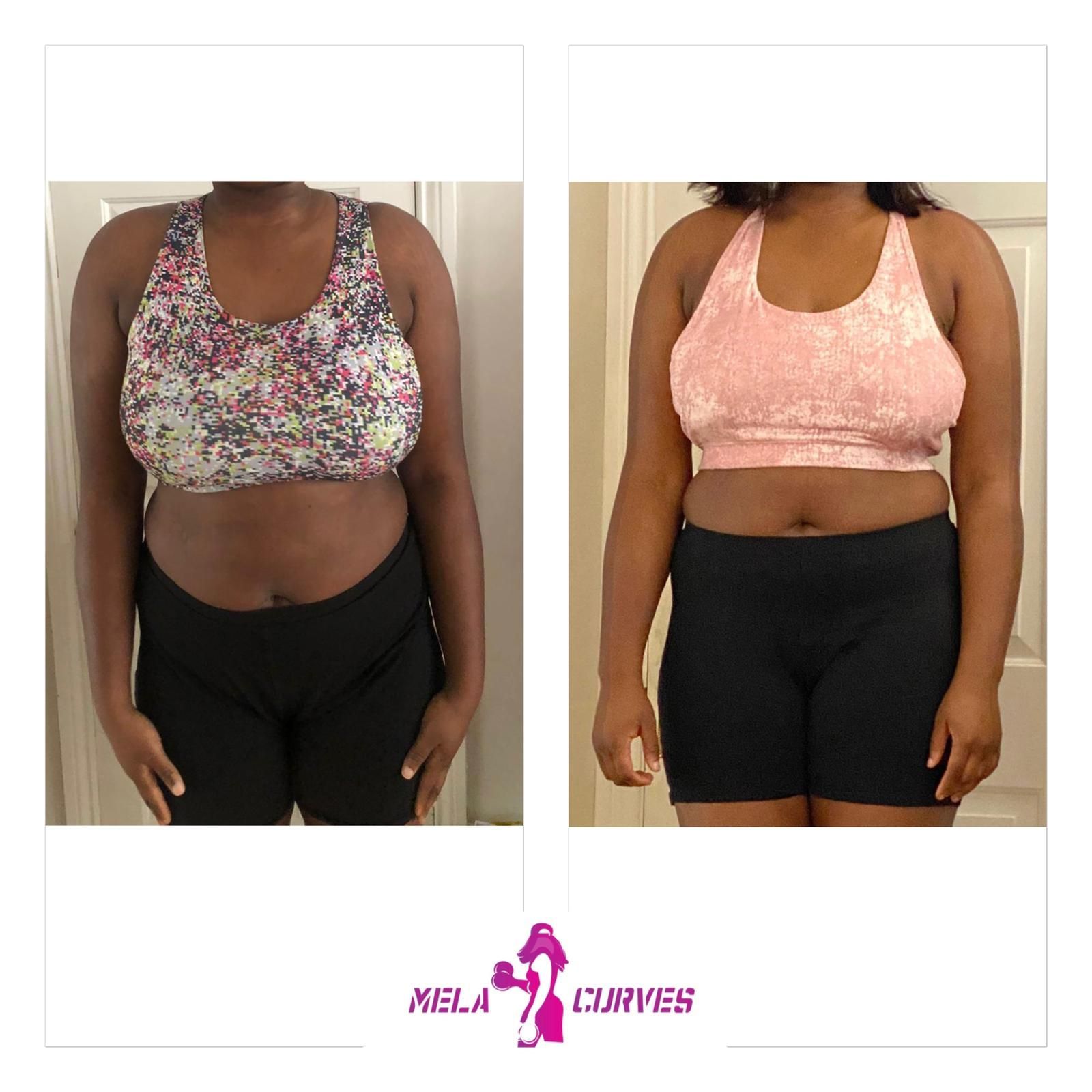 A before and after photo of a woman in a sports bra and shorts.