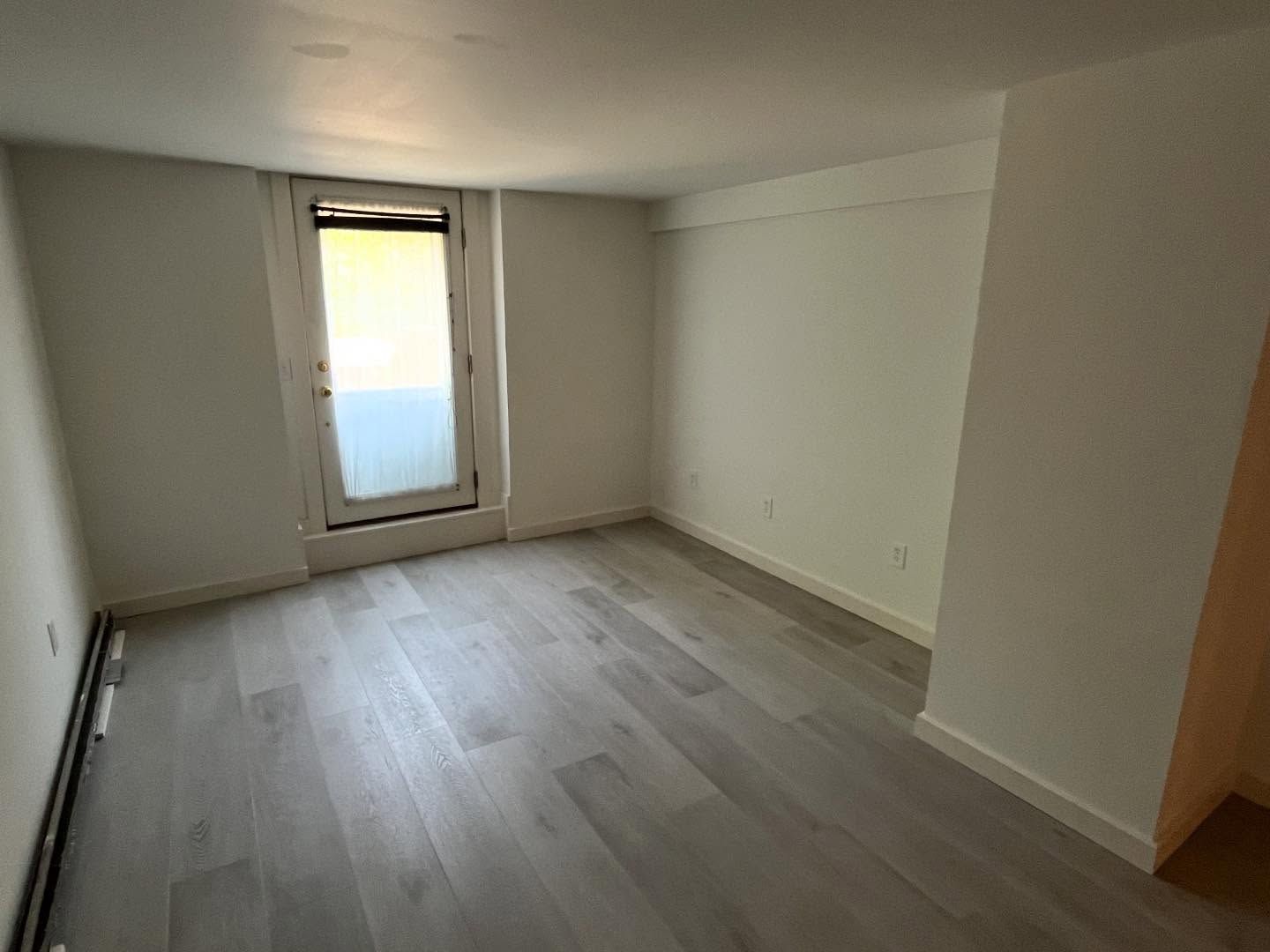 Empty room with light gray wood flooring, white walls, and a door.