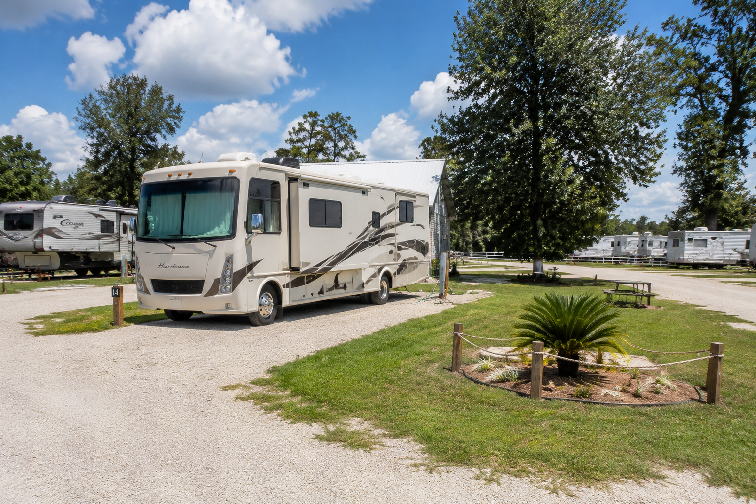 RV campground beside a winding river at sunset, with parked motorhomes, trees, and colorful sky