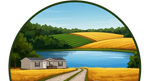 A farmhouse by a lake with golden fields, green hills, and a winding dirt road under a blue sky