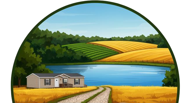 A farmhouse by a lake with golden fields, green hills, and a winding dirt road under a blue sky