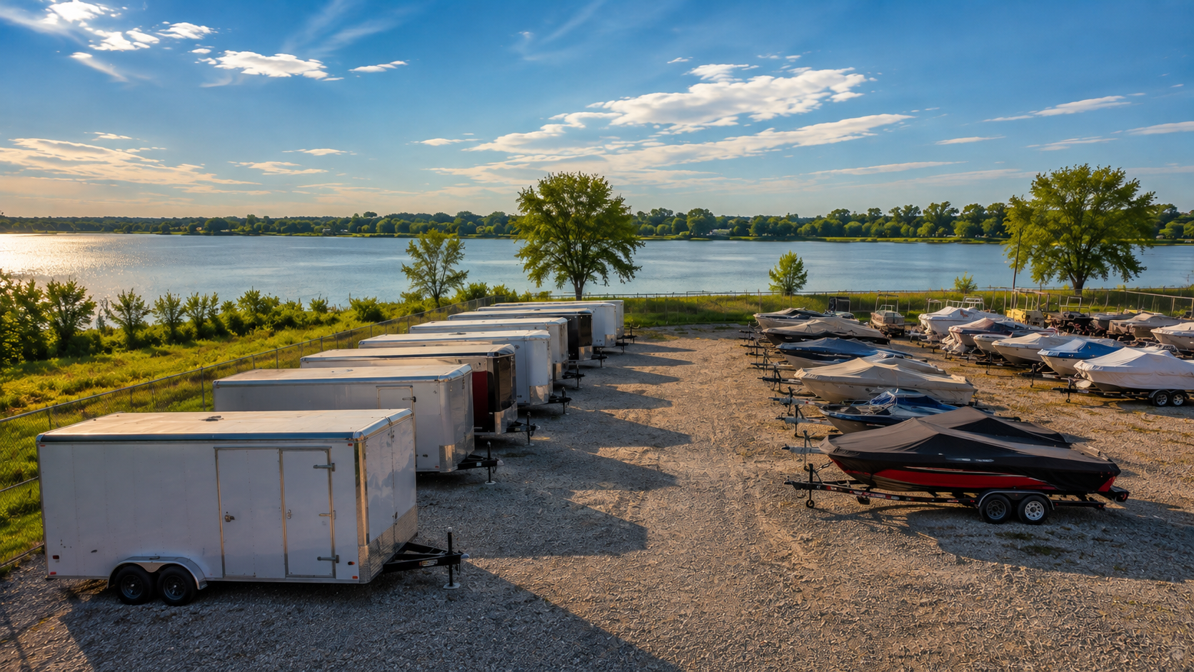 Rows of parked RVs beside a lakeshore at sunset, with calm water and pink-orange sky.