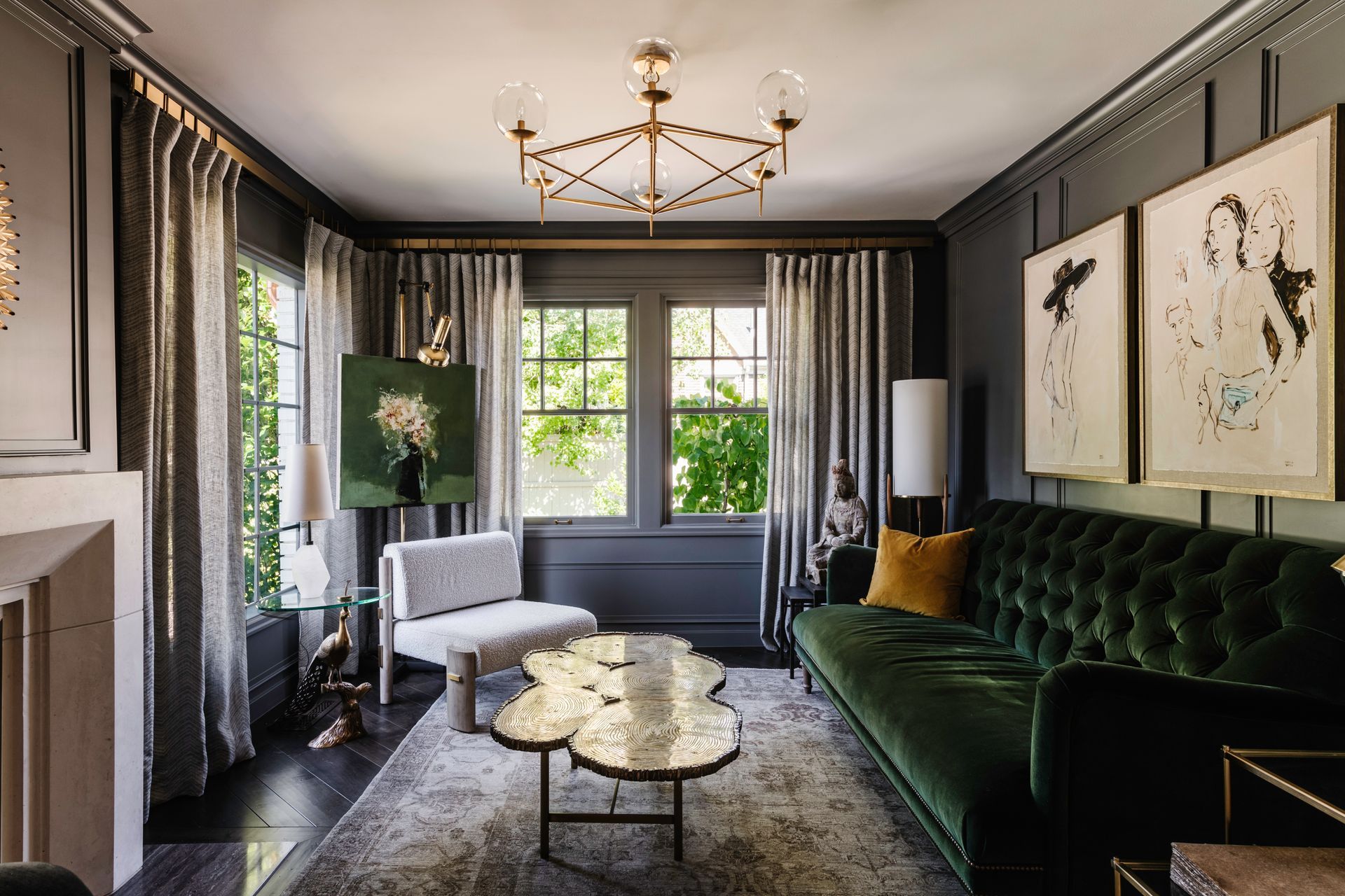 Designer drapery and custom window treatments in elegant sitting room