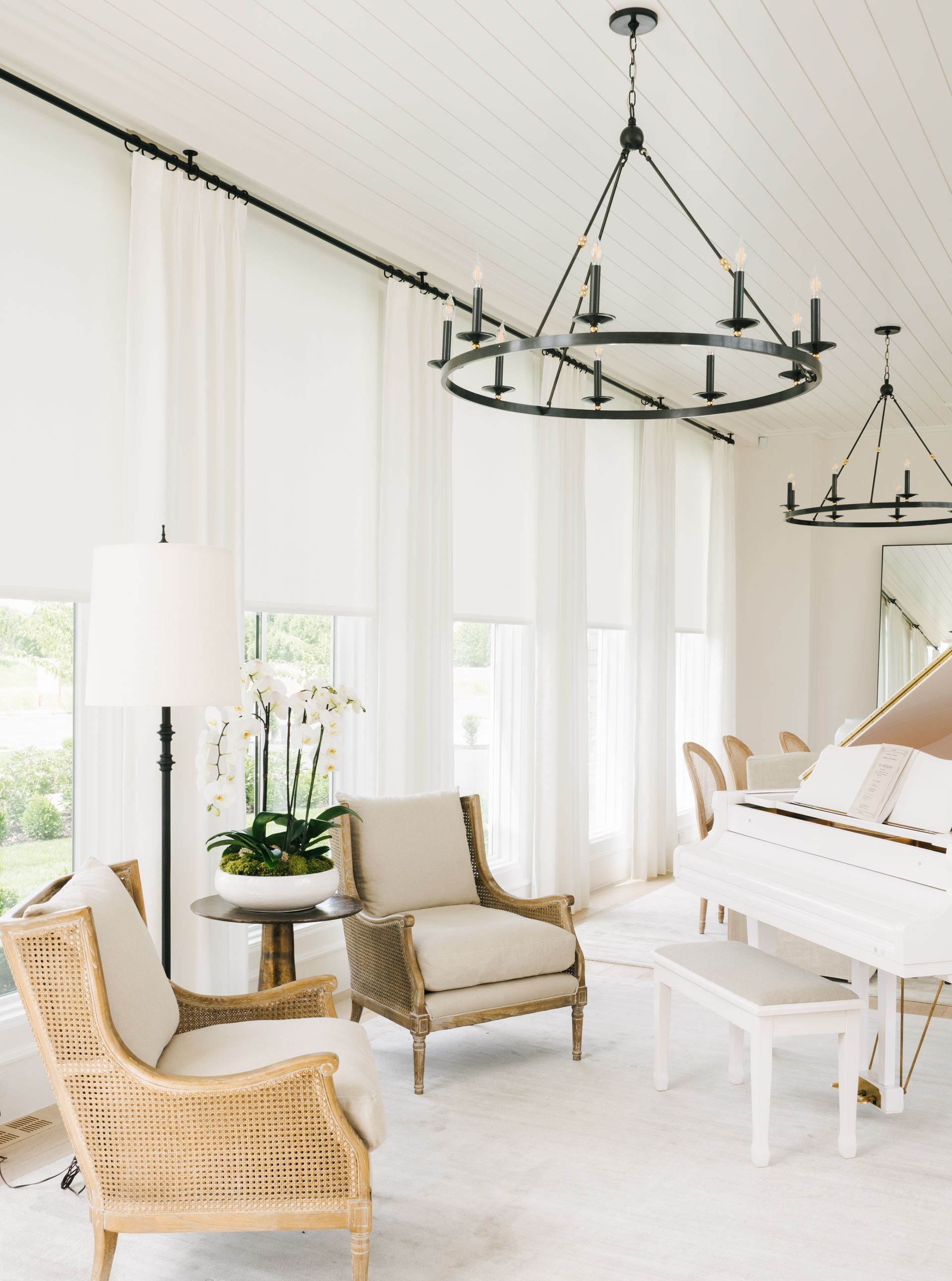 Custom ceiling-mounted drapery enhancing natural light and privacy