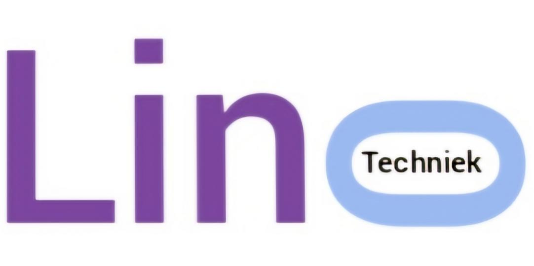Paarse tekst "Lin" met een lichtblauwe "o" waarin "Techniek" staat.