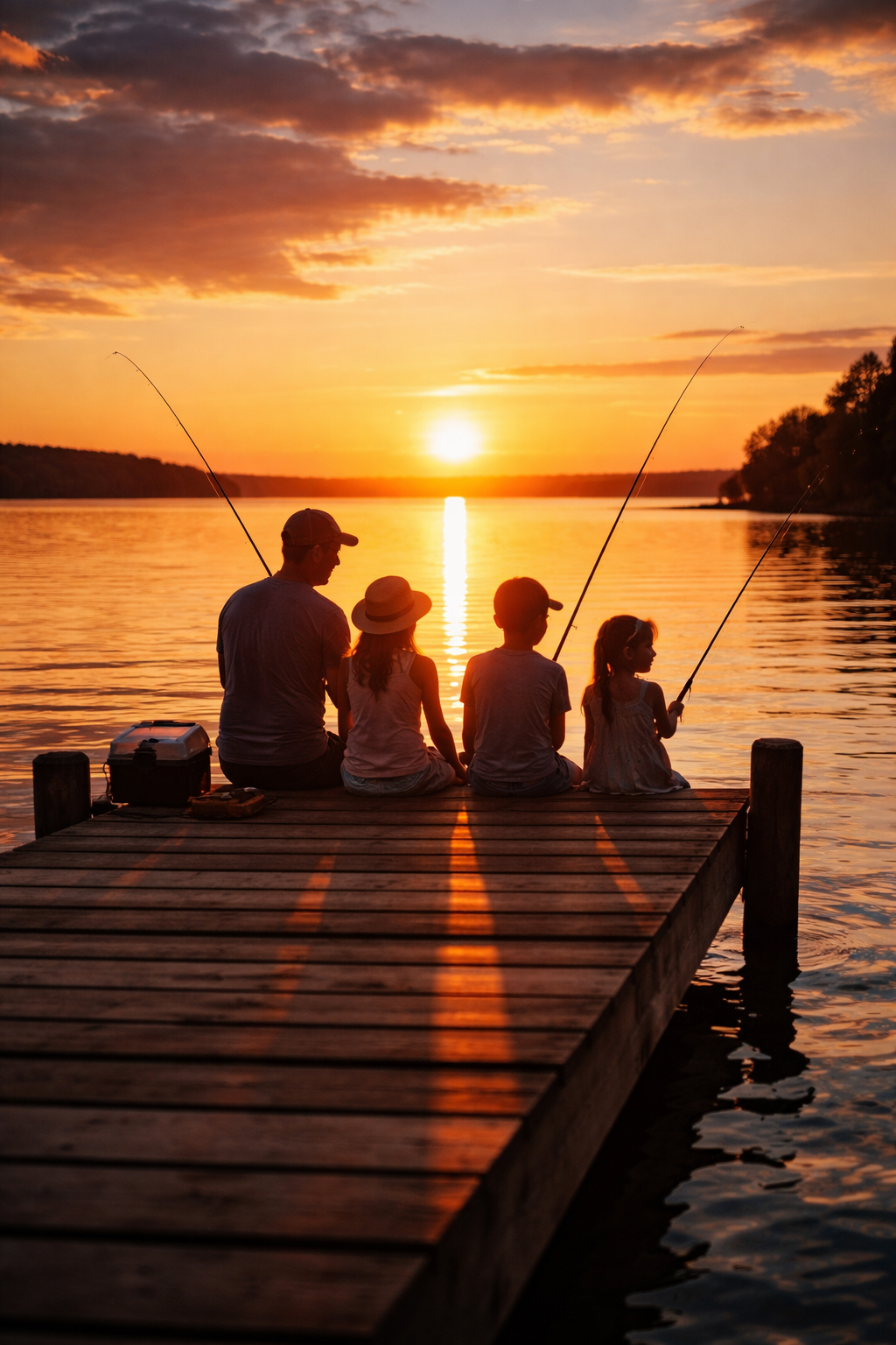 Four people fishing from a wooden dock at sunset over calm water