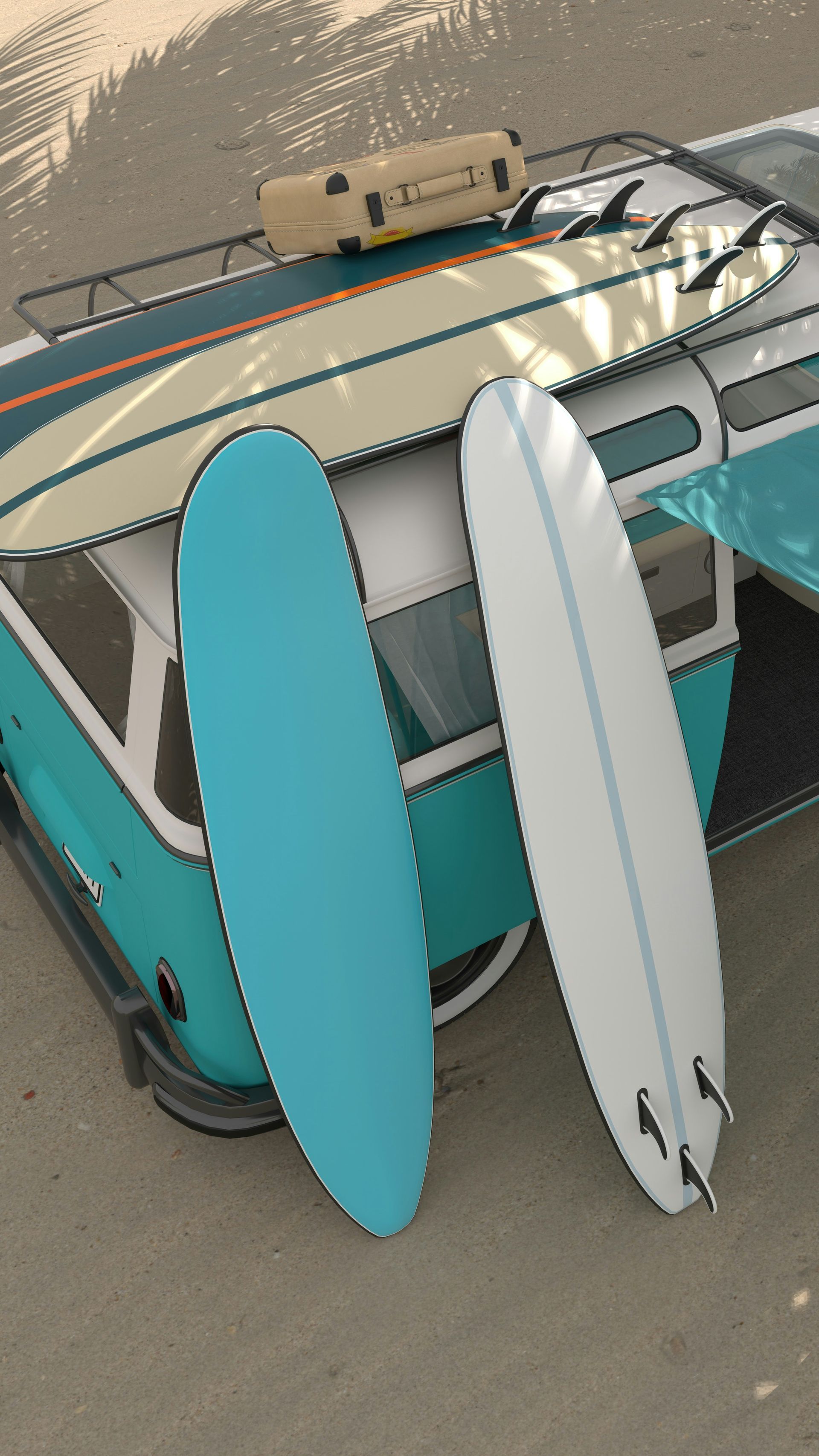 Two surfboards leaning against a turquoise and white vintage van on pavement.