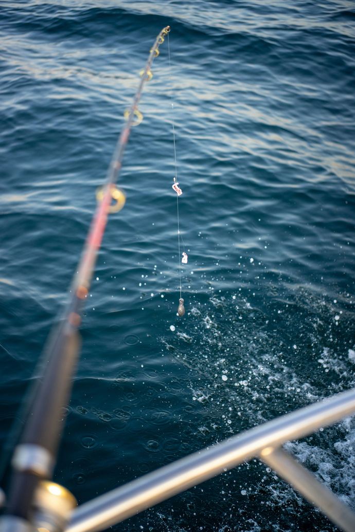 Fishing rod over rippling blue water from a boat