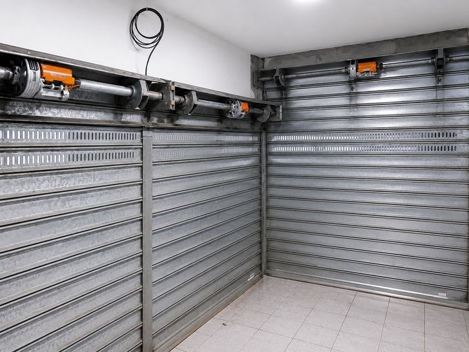 Garage vuoto con serrande metalliche grigie chiuse e binari per porte basculanti.