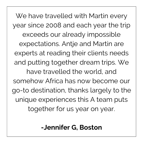 We have travelled with martin every year since 2008 and each year the trip exceeds our already impossible expectations.