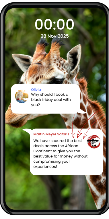 Smartphone screen with giraffe background and chat bubbles about Black Friday deals.