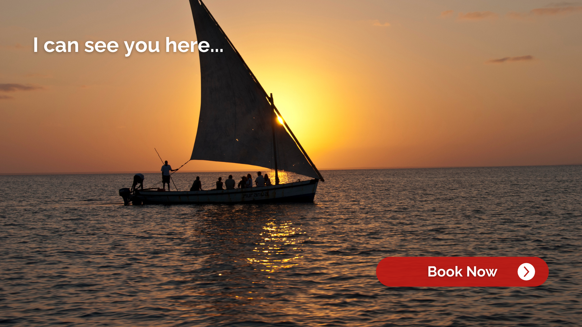 Sailboat at sunset with people, ocean, red 