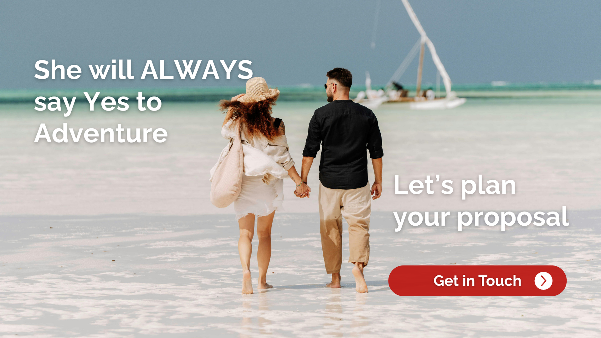 Couple holding hands on beach, with text