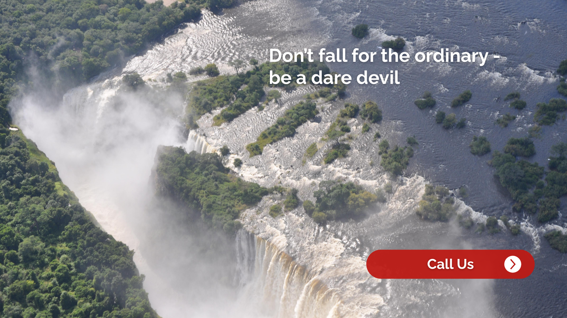 Aerial view of Victoria Falls, with text