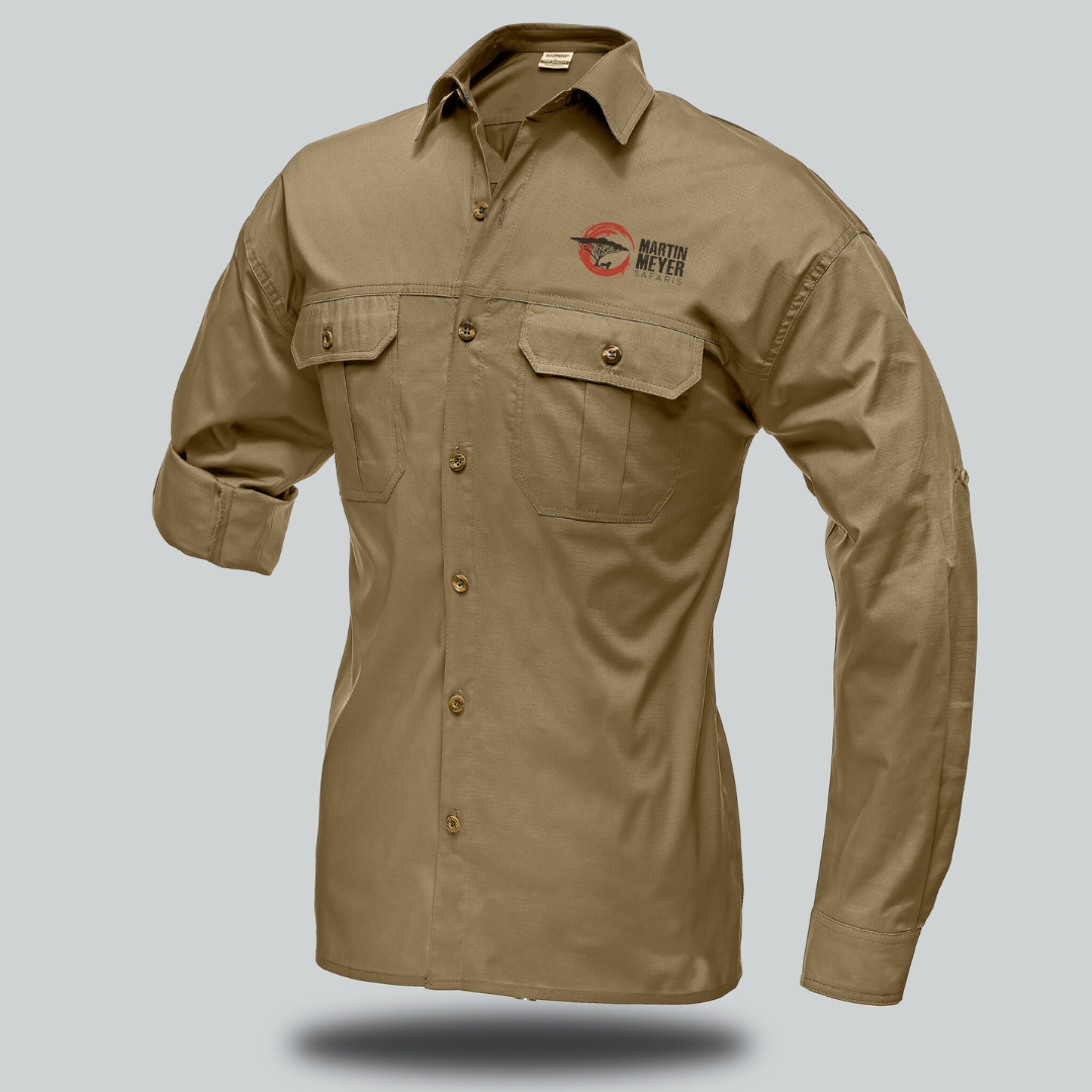 Olive green button-up shirt with long sleeves and two chest pockets; features a logo on the left breast.