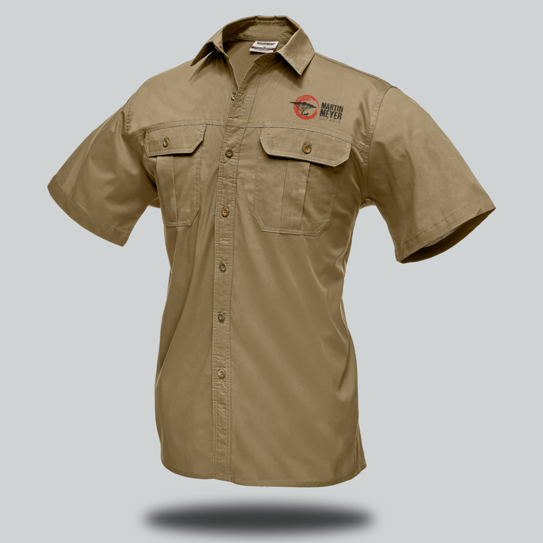 Green short-sleeved button-up shirt with two chest pockets, a collar, and a logo on the right side.