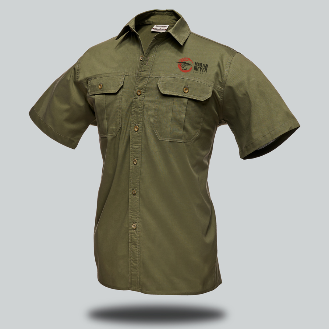 Green short-sleeved button-up shirt with two chest pockets, a collar, and a logo on the right side.