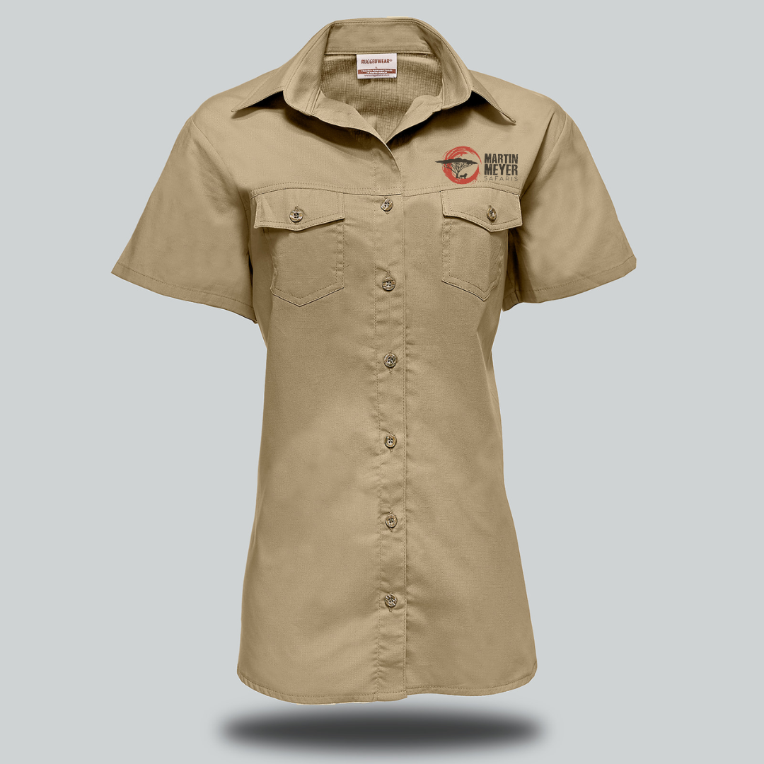 Tan short-sleeved button-down work shirt with two breast pockets and a logo on the left chest.
