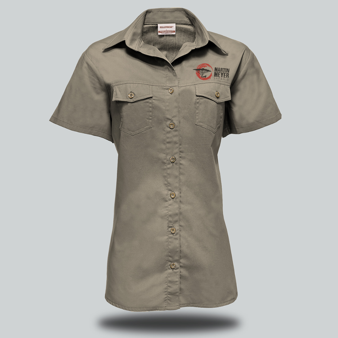 Tan short-sleeved button-down work shirt with two breast pockets and a logo on the left chest.