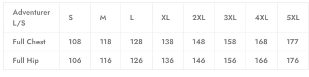 Size chart for "Adventurer" clothing, showing chest and hip measurements in centimeters for sizes S-5XL.
