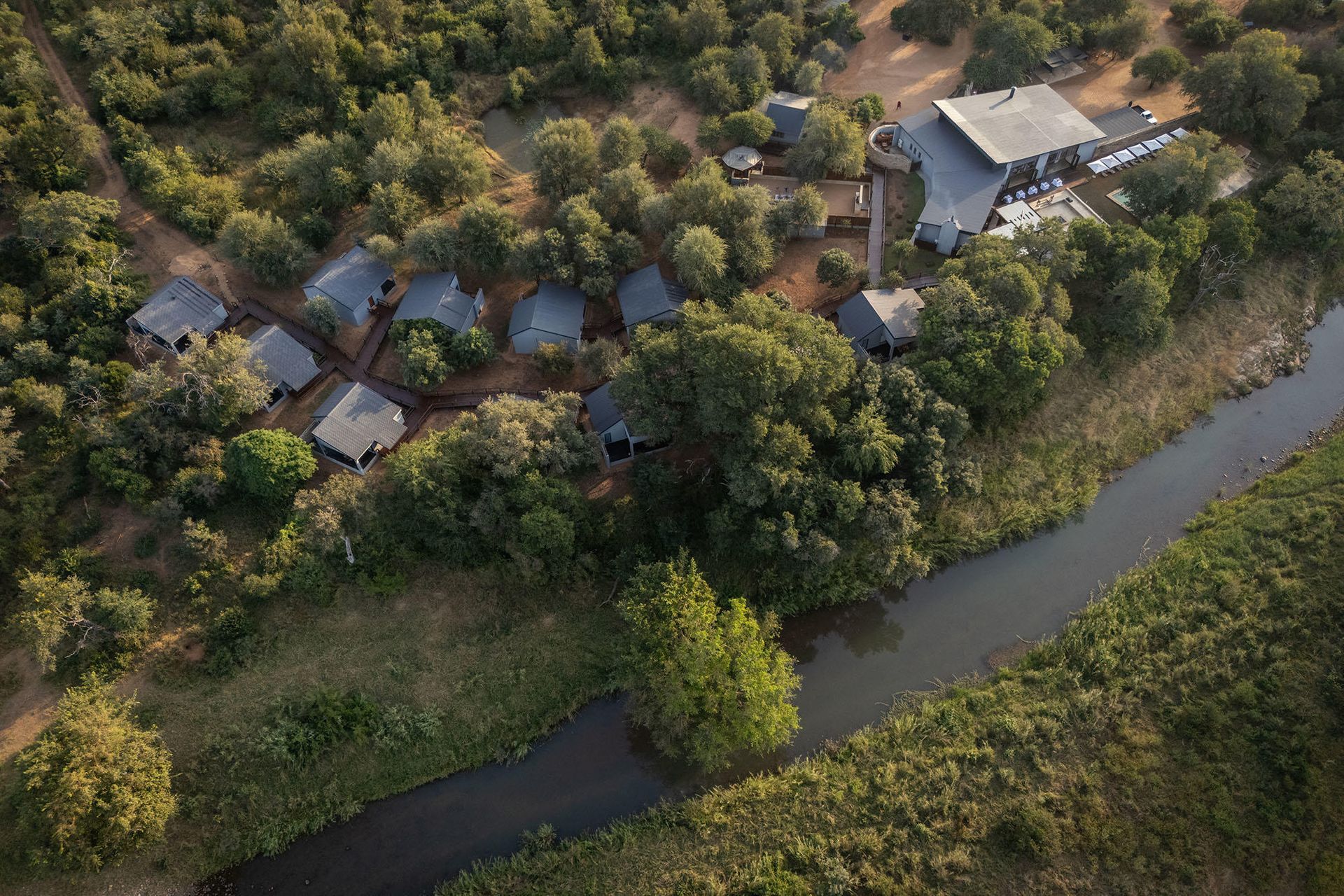Person in an infinity pool holding a drink, looking out over a sunlit riverbank with trees.