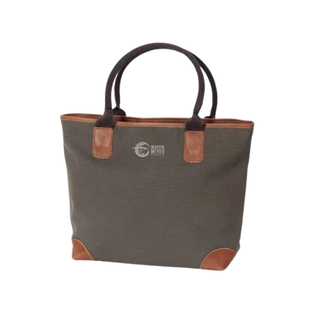 Canvas tote bag with brown handles and trim; olive green body.