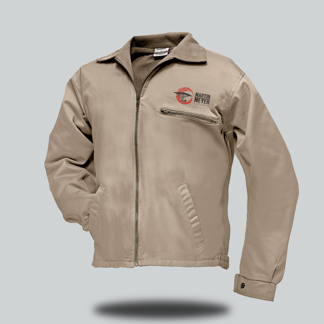 Gray work jacket with a logo on the left breast, featuring a collar, zipper, and side pockets.
