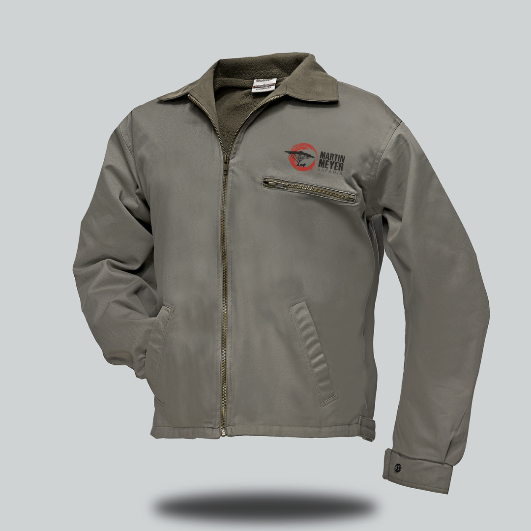 Gray work jacket with a logo on the left breast, featuring a collar, zipper, and side pockets.