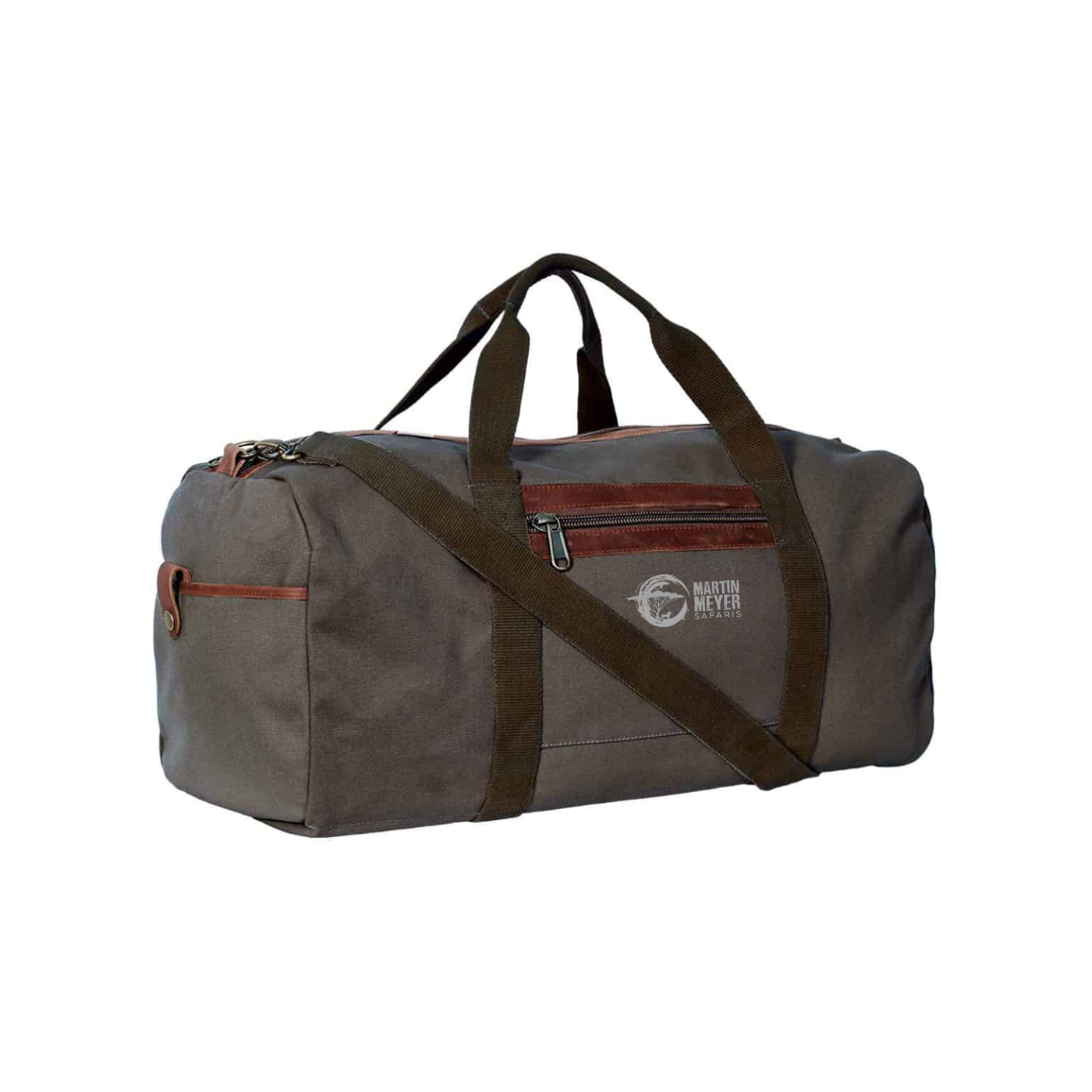 Olive green duffel bag with brown accents, shoulder strap, and handles.