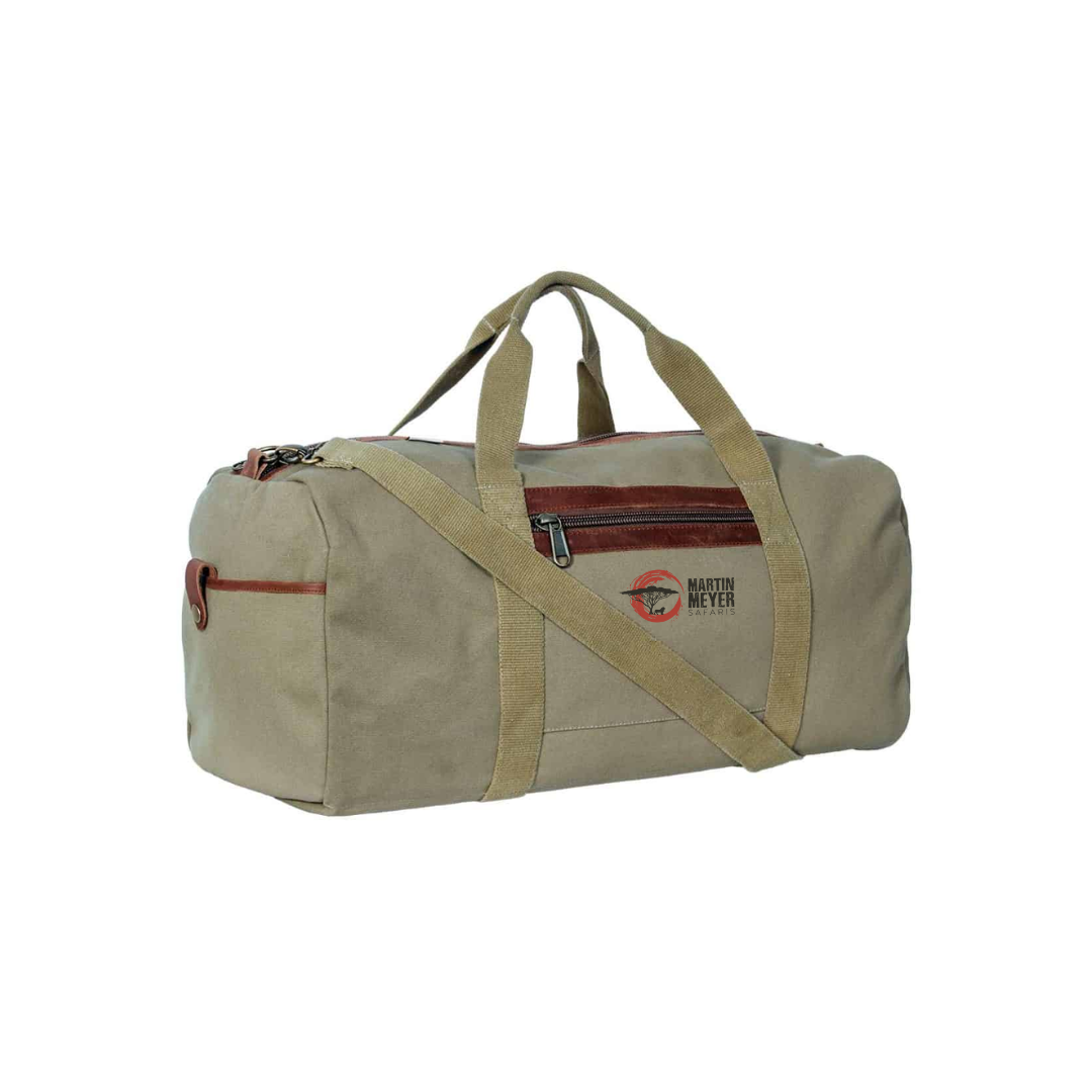 Olive green duffel bag with brown accents, shoulder strap, and handles.