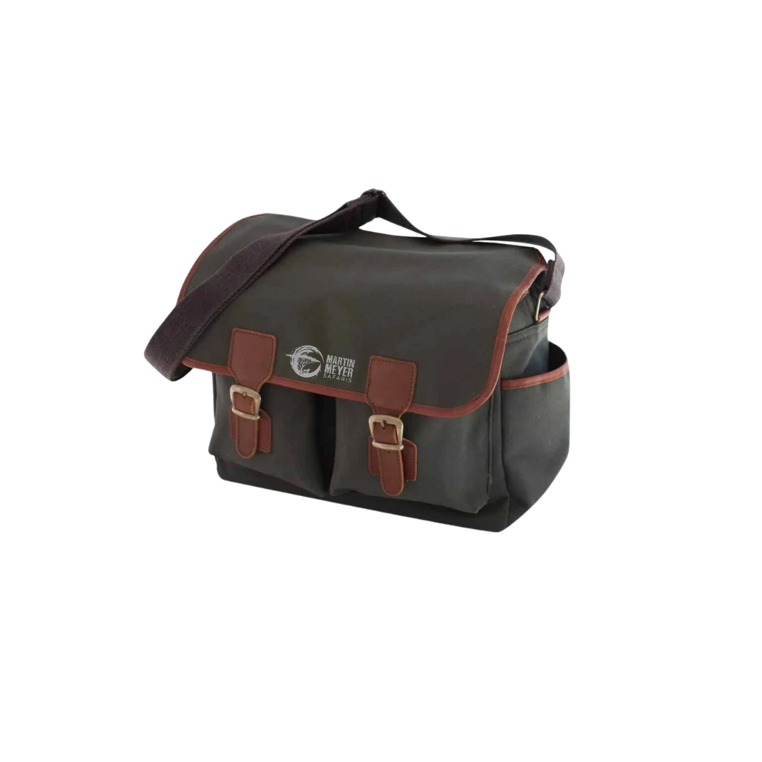 Green and brown messenger bag with buckles and a shoulder strap.