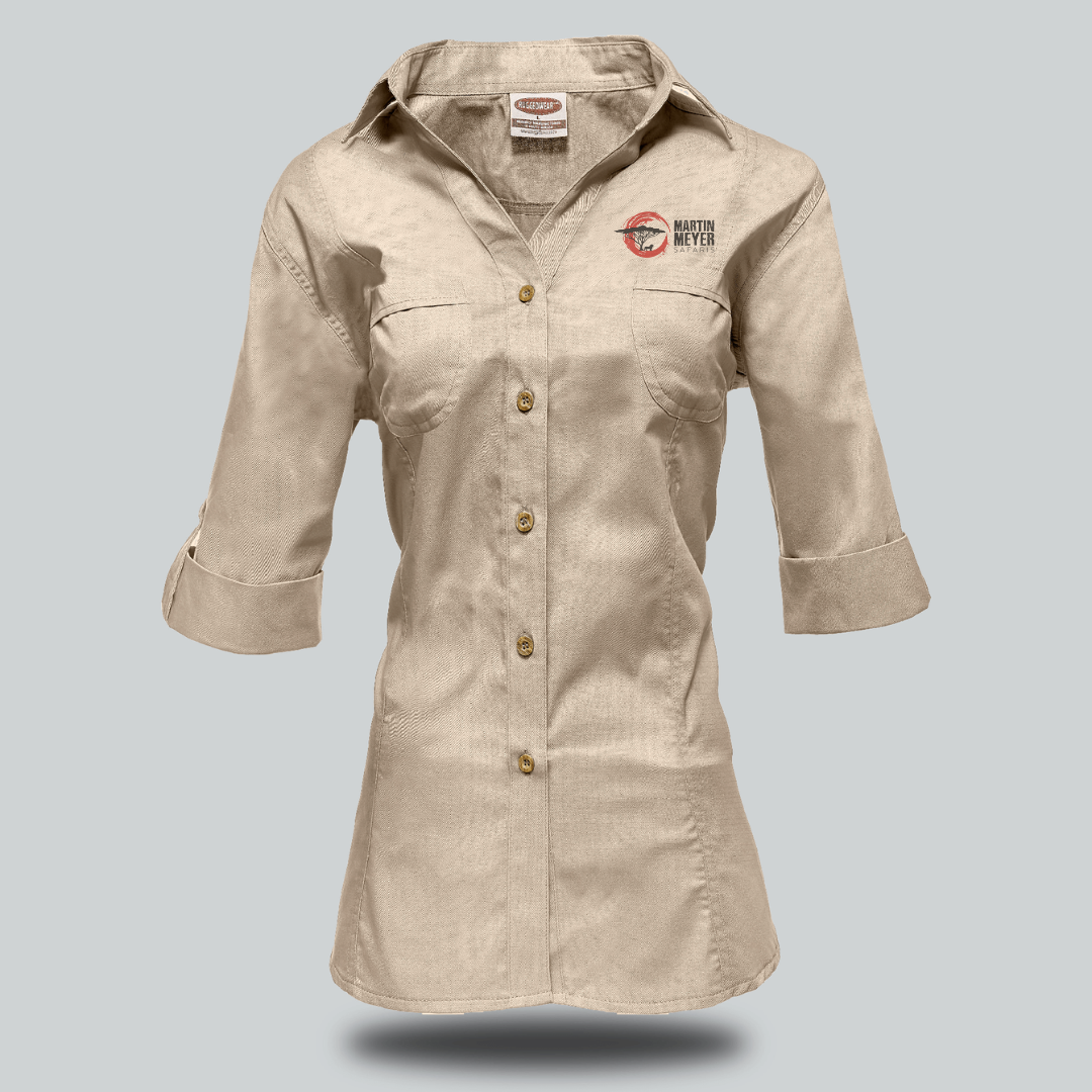 Tan, button-down work shirt with three-quarter sleeves, featuring a logo above the left breast pocket.