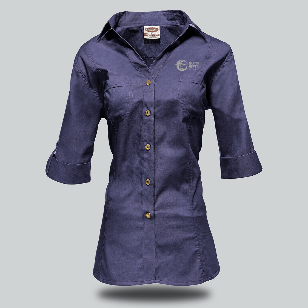 Navy blue women's button-down shirt with three-quarter sleeves and a small logo on the chest.