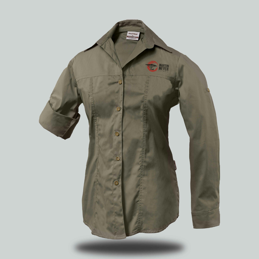 Khaki button-down shirt with rolled-up sleeves, a collar, and a logo on the upper left chest.