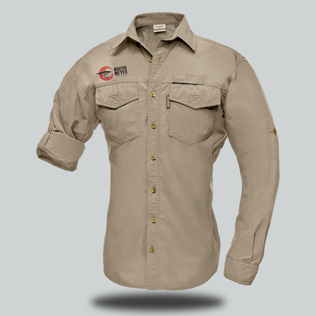 Tan button-down long-sleeved shirt with two chest pockets and a logo on the left breast.