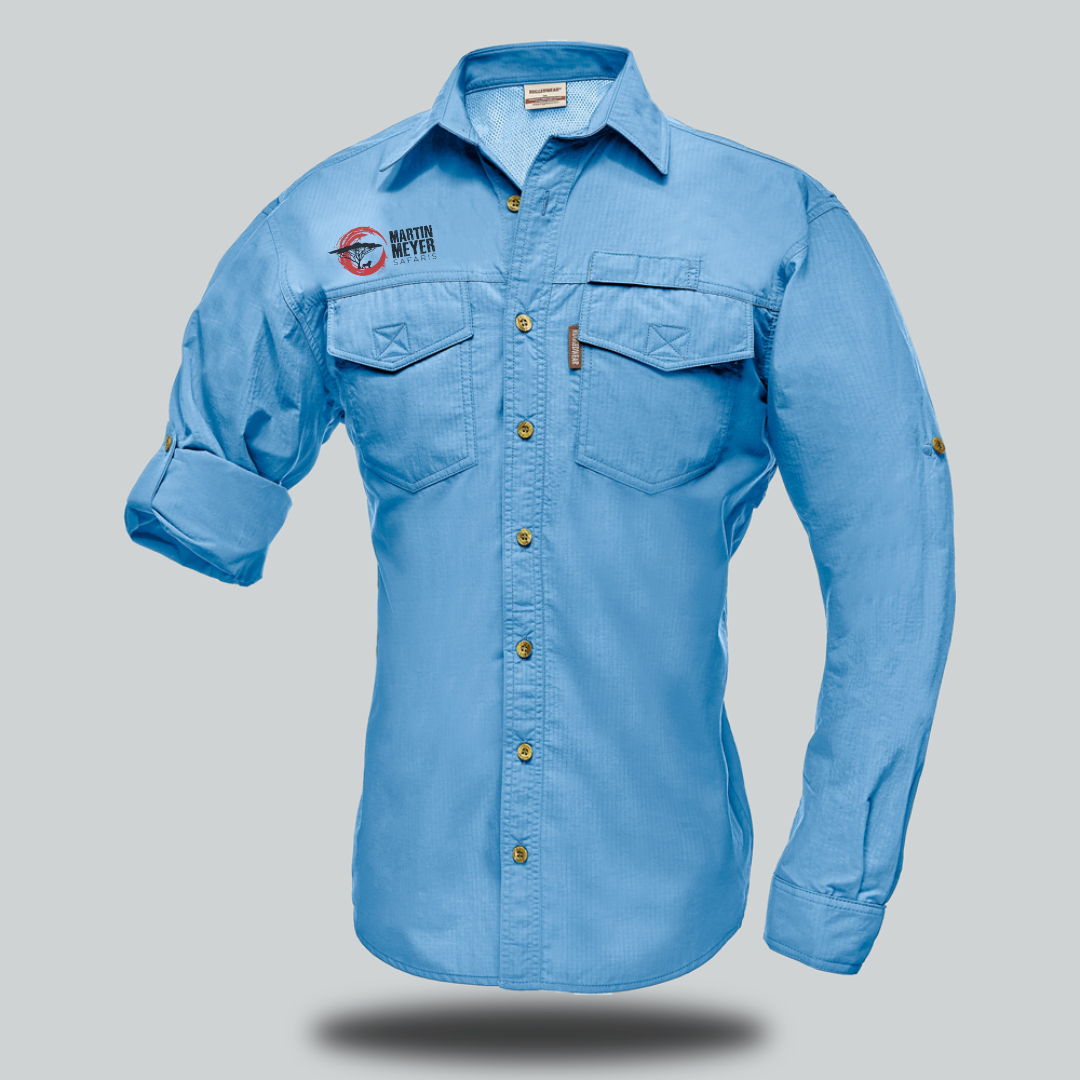 Tan button-down long-sleeved shirt with two chest pockets and a logo on the left breast.