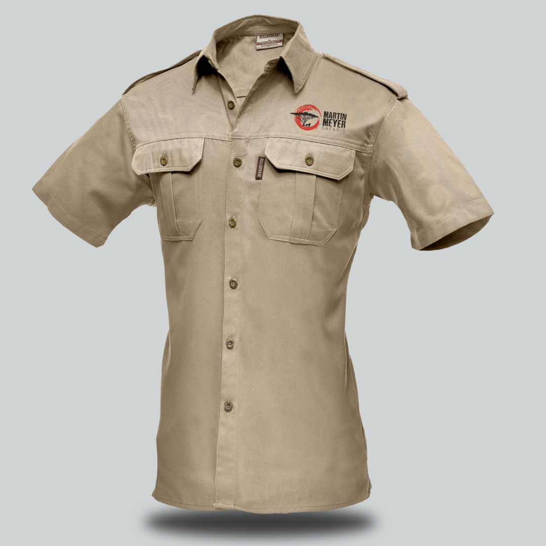 A short-sleeved khaki button-down shirt with two chest pockets and a logo on the left breast.