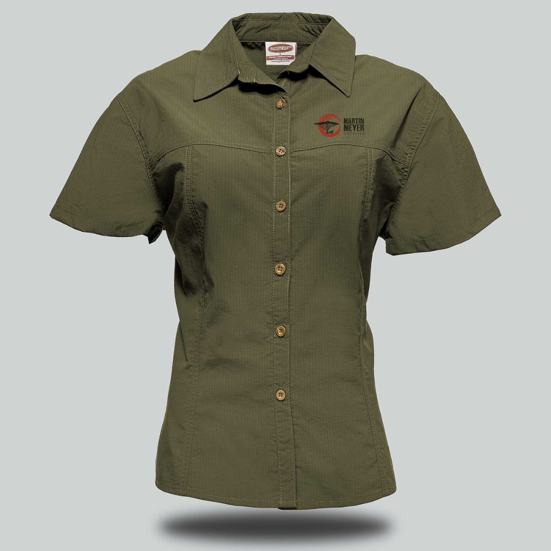 Olive green short-sleeved button-down shirt with a logo on the chest.