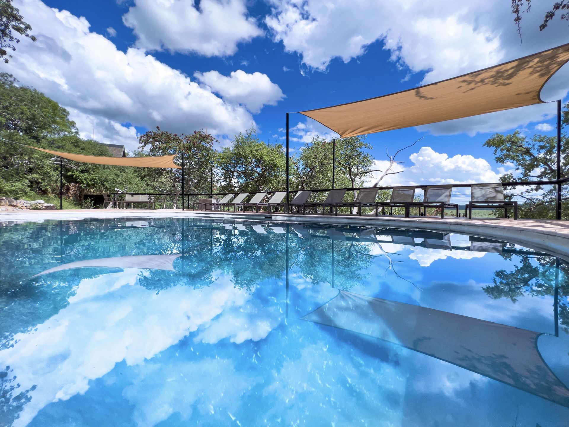A large swimming pool surrounded by chairs and umbrellas on a sunny day Namibia Safari
