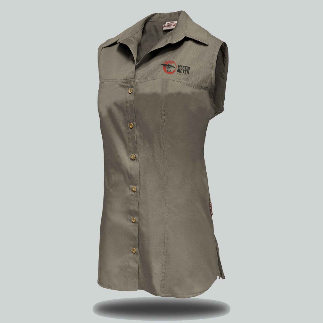 Sleeveless button-down shirt in olive-green with a logo on the chest.